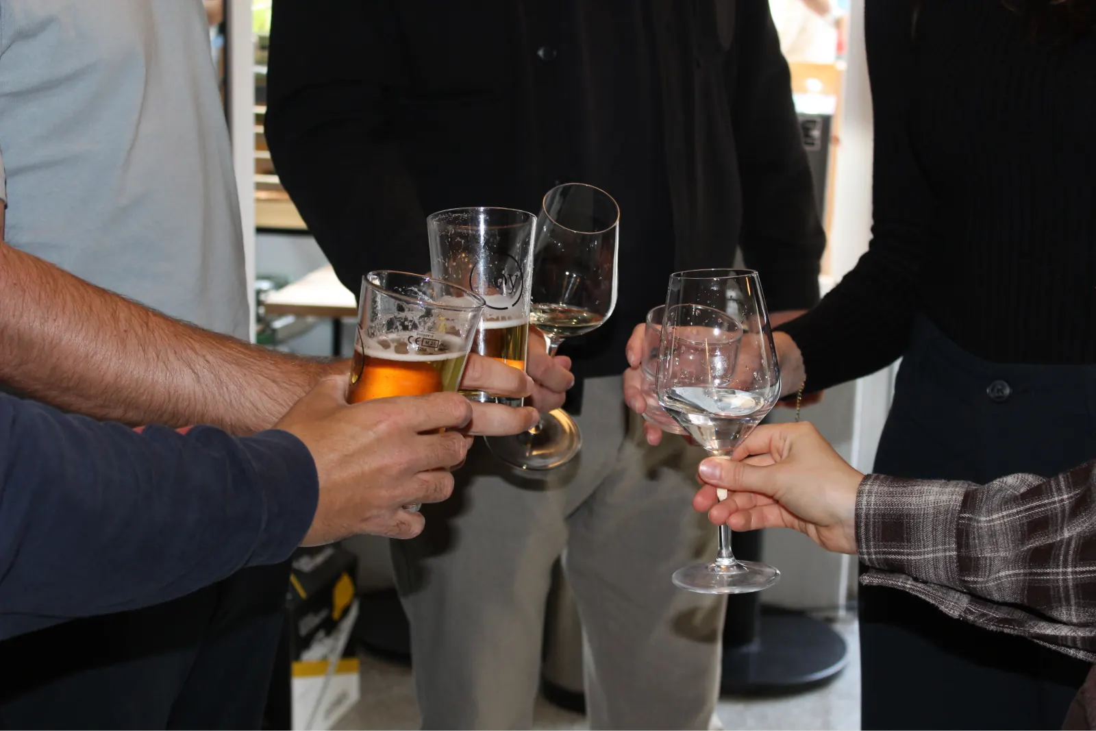 Guests toasting with beer and wine